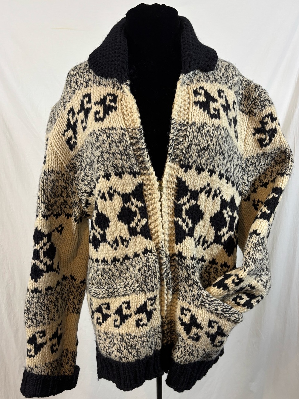 Vintage Cowichan Style Wool Zip Sweater Black Cream Chunky Cabincore Cardigan L